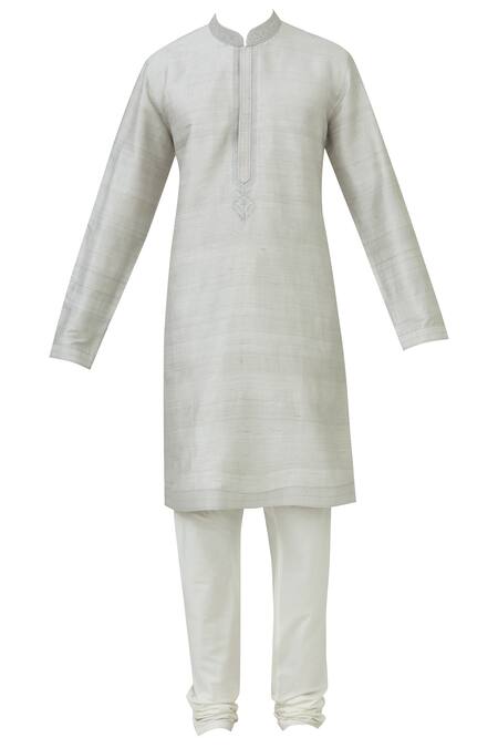 Buy_Vanshik_Silver Silk Bundi Kurta Set _Online_at_Aza_Fashions