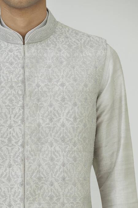 Vanshik_Silver Silk Bundi Kurta Set _at_Aza_Fashions