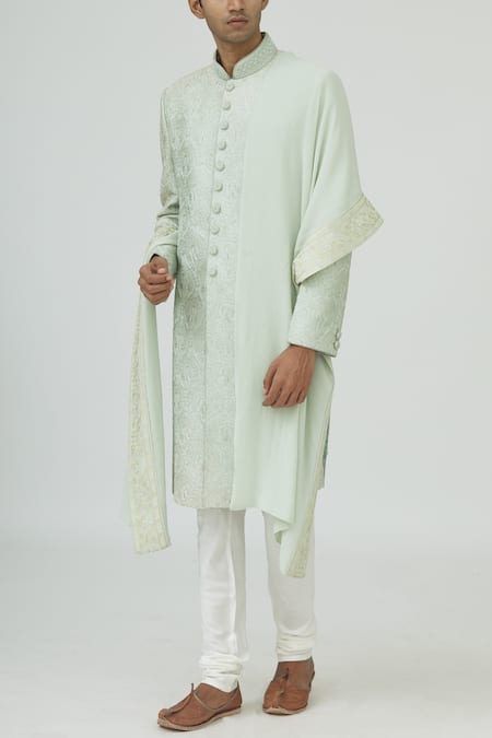Vanshik Green Raw Silk Embroidered Sherwani Set 