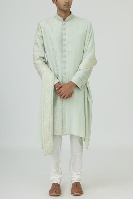 Vanshik_Green Raw Silk Embroidered Sherwani Set _Online_at_Aza_Fashions
