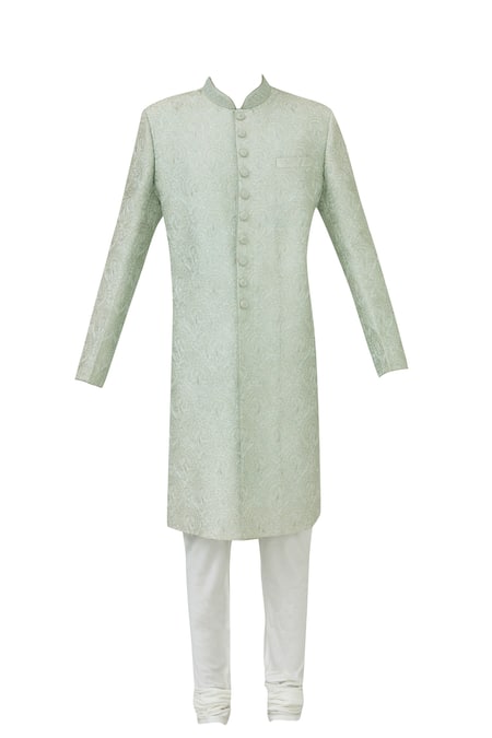 Buy_Vanshik_Green Raw Silk Embroidered Sherwani Set _Online_at_Aza_Fashions