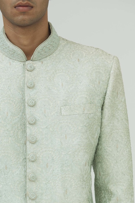 Vanshik_Green Raw Silk Embroidered Sherwani Set _at_Aza_Fashions