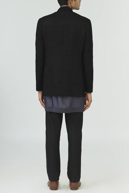 Shop Vanshik Black Raw Silk Embroidered Bandhgala Set at Aza Fashions Shop_Vanshik_Black Raw Silk Embroidered Bandhgala Set _at_Aza_Fashions