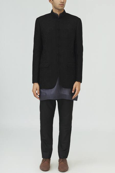 Vanshik Black Raw Silk Embroidered Bandhgala Set Online at Aza Fashions Vanshik_Black Raw Silk Embroidered Bandhgala Set _Online_at_Aza_Fashions