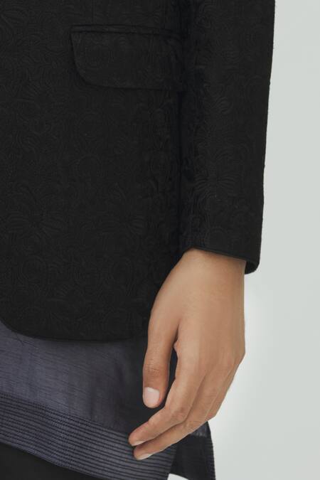 Shop Vanshik Black Raw Silk Embroidered Bandhgala Set Online at Aza Fashions Shop_Vanshik_Black Raw Silk Embroidered Bandhgala Set _Online_at_Aza_Fashions