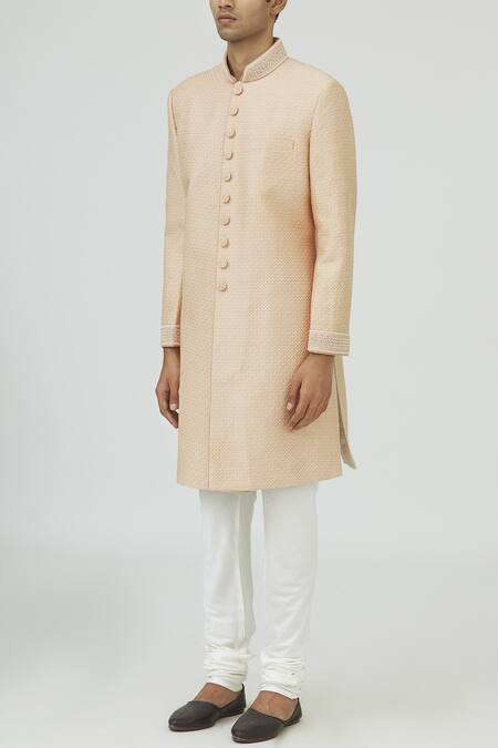 Vanshik Pink Jacquard Silk Sherwani Set Online at Aza Fashions Vanshik_Pink Jacquard Silk Sherwani Set _Online_at_Aza_Fashions