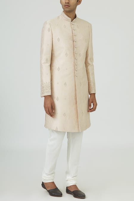Vanshik Peach Brocade Silk Sherwani Set 