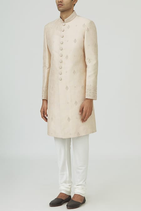 Vanshik_Peach Brocade Silk Sherwani Set _Online_at_Aza_Fashions