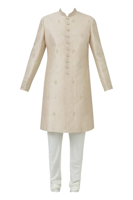 Buy_Vanshik_Peach Brocade Silk Sherwani Set _Online_at_Aza_Fashions