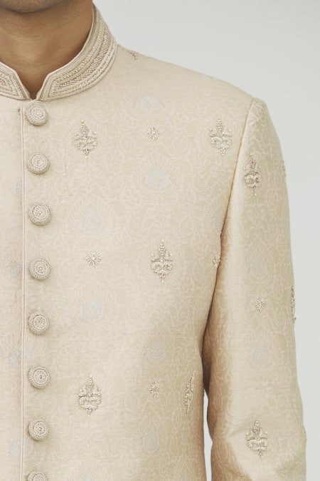Vanshik_Peach Brocade Silk Sherwani Set _at_Aza_Fashions