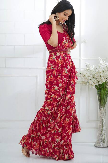 Mandira Wirk - Indian_Pink Chiffon Ruffle Saree With Blouse_Online_at_Aza_Fashions