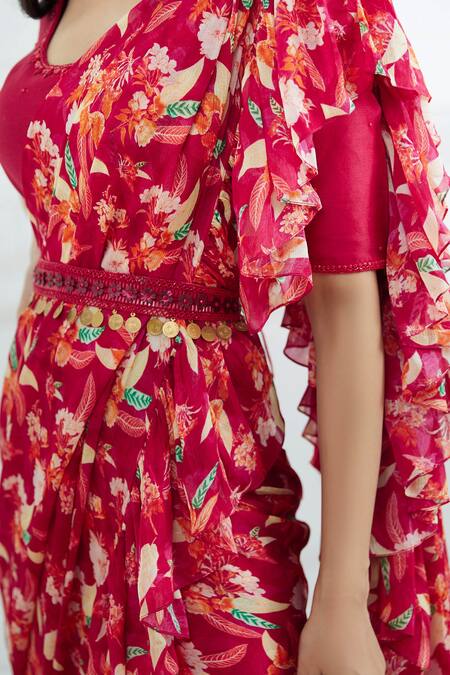 Buy_Mandira Wirk - Indian_Pink Chiffon Ruffle Saree With Blouse_Online_at_Aza_Fashions