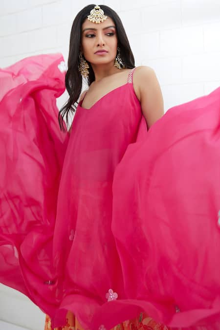 Shop Mandira Wirk - Indian Pink Chanderi, Chiffon Satin Round Printed Kurta Lehenga Set Online at Aza Fashions Shop_Mandira Wirk - Indian_Pink Chanderi, Chiffon Satin Round Printed Kurta Lehenga Set _Online_at_Aza_Fashions