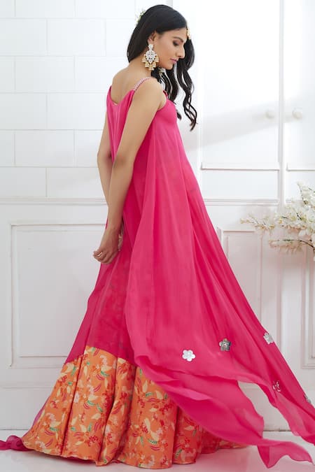 Shop Mandira Wirk - Indian Pink Chanderi, Chiffon Satin Round Printed Kurta Lehenga Set at Aza Fashions Shop_Mandira Wirk - Indian_Pink Chanderi, Chiffon Satin Round Printed Kurta Lehenga Set _at_Aza_Fashions