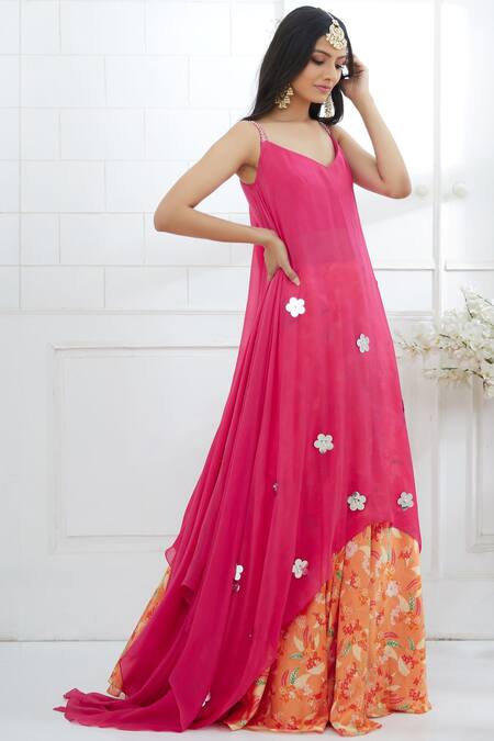Mandira Wirk - Indian Pink Chanderi, Chiffon Satin Round Printed Kurta Lehenga Set Online at Aza Fashions Mandira Wirk - Indian_Pink Chanderi, Chiffon Satin Round Printed Kurta Lehenga Set _Online_at_Aza_Fashions