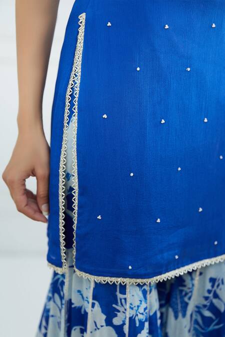 Buy_Mandira Wirk - Indian_Blue Chiffon U Neck Embellished Kurta Sharara Set _Online_at_Aza_Fashions