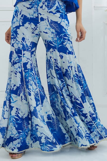 Mandira Wirk - Indian_Blue Chiffon U Neck Embellished Kurta Sharara Set _Online_at_Aza_Fashions