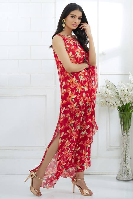 Mandira Wirk - Indian_Red Chiffon Round Printed Kaftan Dress _Online_at_Aza_Fashions