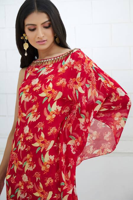 Buy_Mandira Wirk - Indian_Red Chiffon Round Printed Kaftan Dress _Online_at_Aza_Fashions