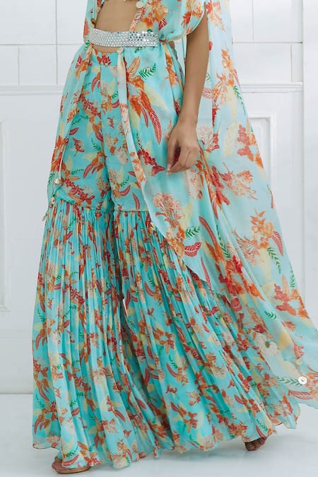Buy Mandira Wirk - Indian Blue Chiffon Leaf Neck Printed Cape Sharara Set Online at Aza Fashions Buy_Mandira Wirk - Indian_Blue Chiffon Leaf Neck Printed Cape Sharara Set _Online_at_Aza_Fashions