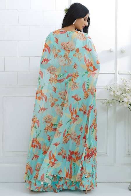 Shop Mandira Wirk - Indian Blue Chiffon Leaf Neck Printed Cape Sharara Set at Aza Fashions Shop_Mandira Wirk - Indian_Blue Chiffon Leaf Neck Printed Cape Sharara Set _at_Aza_Fashions