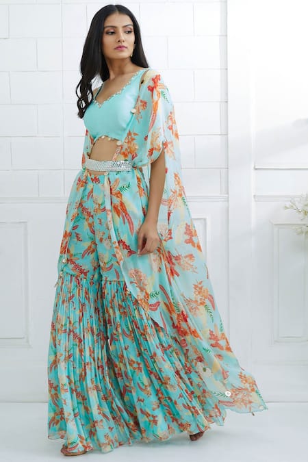 Mandira Wirk - Indian Blue Chiffon Leaf Neck Printed Cape Sharara Set Online at Aza Fashions Mandira Wirk - Indian_Blue Chiffon Leaf Neck Printed Cape Sharara Set _Online_at_Aza_Fashions