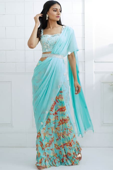 Mandira Wirk - Indian_Blue Chiffon Printed Saree With Blouse_Online_at_Aza_Fashions