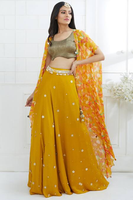 Mandira Wirk - Indian Yellow Chiffon, Satin, Jersey Round Printed Cape Lehenga Set Online at Aza Fashions Mandira Wirk - Indian_Yellow Chiffon, Satin, Jersey Round Printed Cape Lehenga Set_Online_at_Aza_Fashions