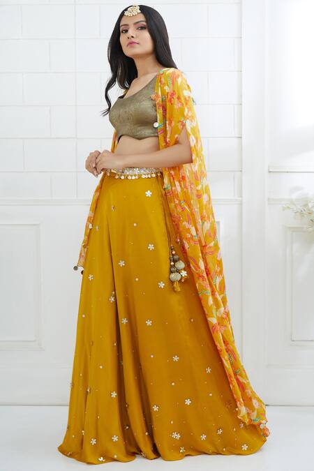 Buy Mandira Wirk - Indian Yellow Chiffon, Satin, Jersey Round Printed Cape Lehenga Set Online at Aza Fashions Buy_Mandira Wirk - Indian_Yellow Chiffon, Satin, Jersey Round Printed Cape Lehenga Set_Online_at_Aza_Fashions