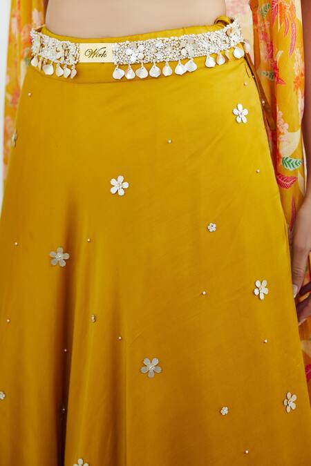 Mandira Wirk - Indian Yellow Chiffon, Satin, Jersey Round Printed Cape Lehenga Set at Aza Fashions Mandira Wirk - Indian_Yellow Chiffon, Satin, Jersey Round Printed Cape Lehenga Set_at_Aza_Fashions