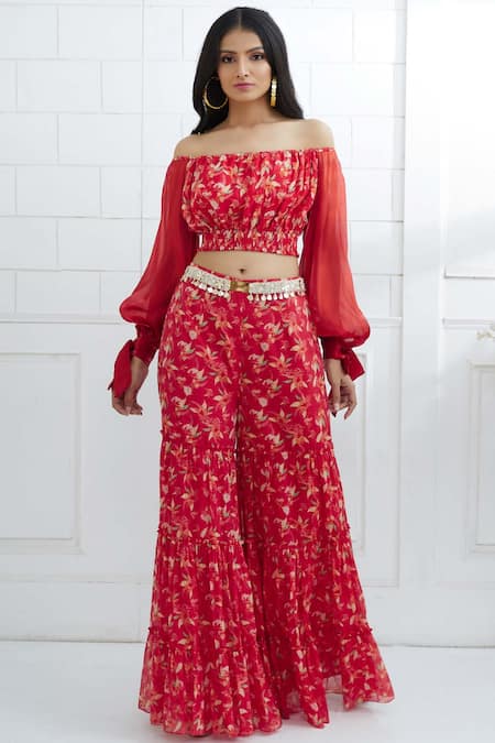Mandira Wirk - Indian Red Organza, Chanderi Sharara Pant Set 