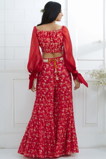 Shop Mandira Wirk - Indian Red Organza, Chanderi Sharara Pant Set at Aza Fashions Shop_Mandira Wirk - Indian_Red Organza, Chanderi Sharara Pant Set _at_Aza_Fashions