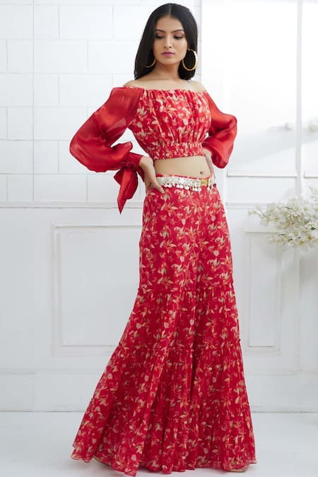 Mandira Wirk - Indian Red Organza, Chanderi Sharara Pant Set Online at Aza Fashions Mandira Wirk - Indian_Red Organza, Chanderi Sharara Pant Set _Online_at_Aza_Fashions