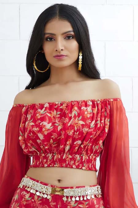 Shop Mandira Wirk - Indian Red Organza, Chanderi Sharara Pant Set Online at Aza Fashions Shop_Mandira Wirk - Indian_Red Organza, Chanderi Sharara Pant Set _Online_at_Aza_Fashions