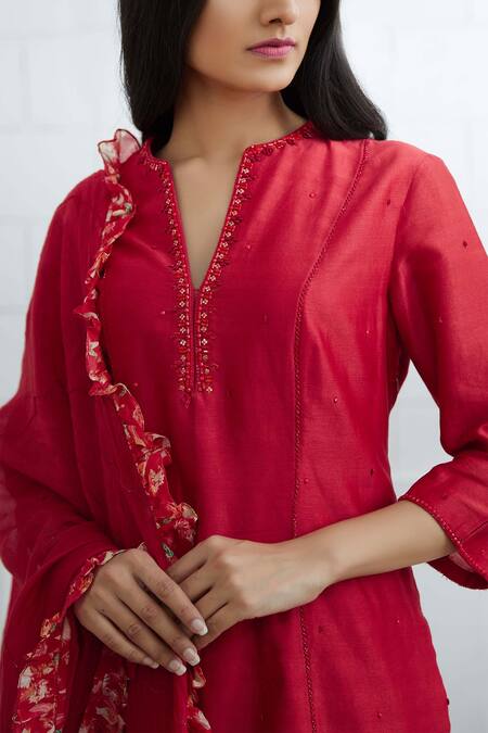Mandira Wirk - Indian_Red Chanderi Round Kurta Sharara Set _Online_at_Aza_Fashions