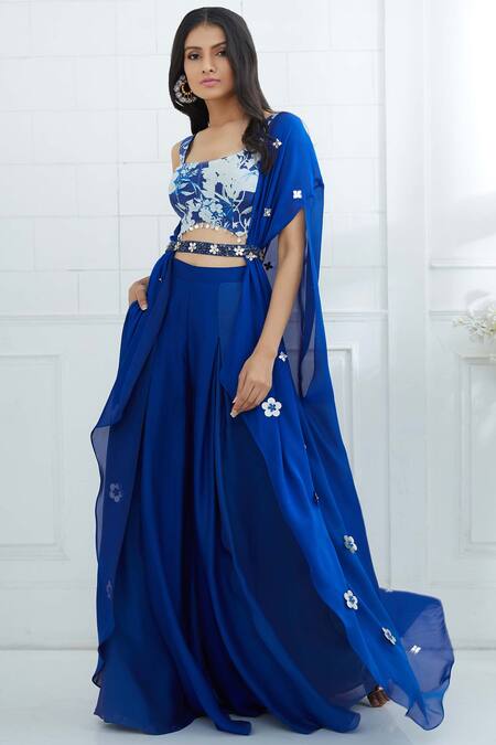 Mandira Wirk - Indian_Blue Chanderi, Georgette Round Top With Palazzo _Online_at_Aza_Fashions