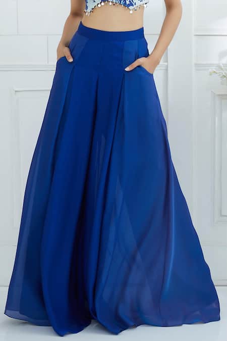 Shop_Mandira Wirk - Indian_Blue Chanderi, Georgette Round Top With Palazzo _Online_at_Aza_Fashions