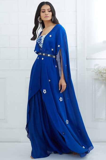Mandira Wirk - Indian Blue Chanderi, Georgette Round Cape Palazzo Set 