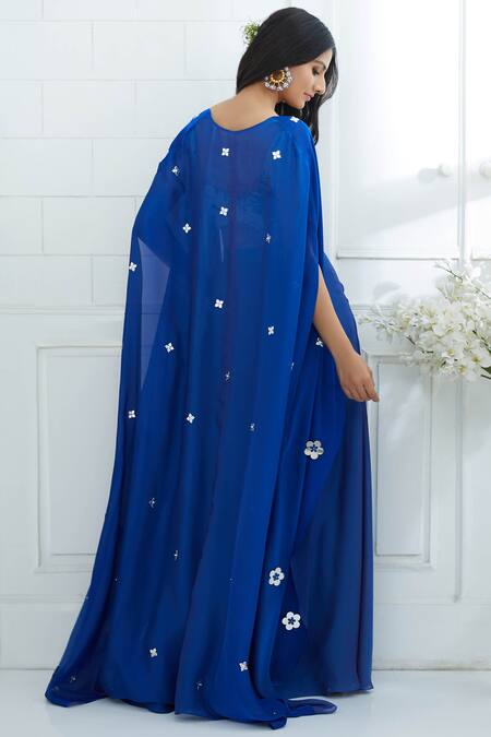 Shop Mandira Wirk - Indian Blue Chanderi, Georgette Round Cape Palazzo Set at Aza Fashions Shop_Mandira Wirk - Indian_Blue Chanderi, Georgette Round Cape Palazzo Set _at_Aza_Fashions