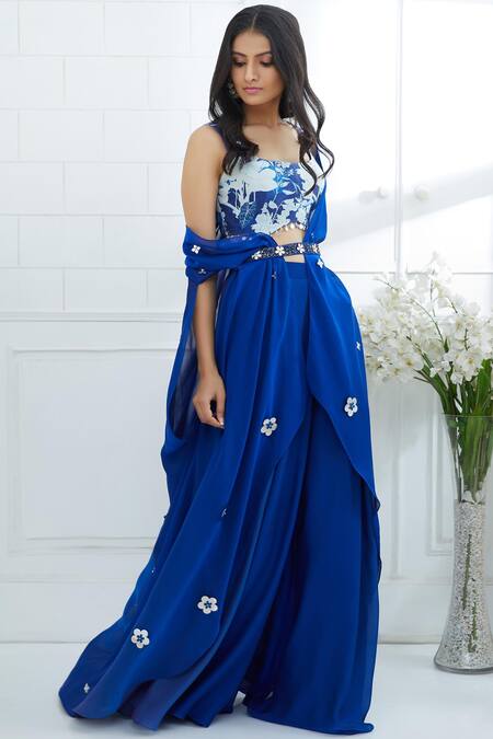 Mandira Wirk - Indian Blue Chanderi, Georgette Round Cape Palazzo Set Online at Aza Fashions Mandira Wirk - Indian_Blue Chanderi, Georgette Round Cape Palazzo Set _Online_at_Aza_Fashions