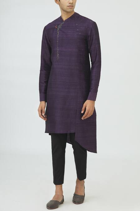 Dhruv Vaish Purple Raw Silk, Terry Cotton Embellished Kurta Set