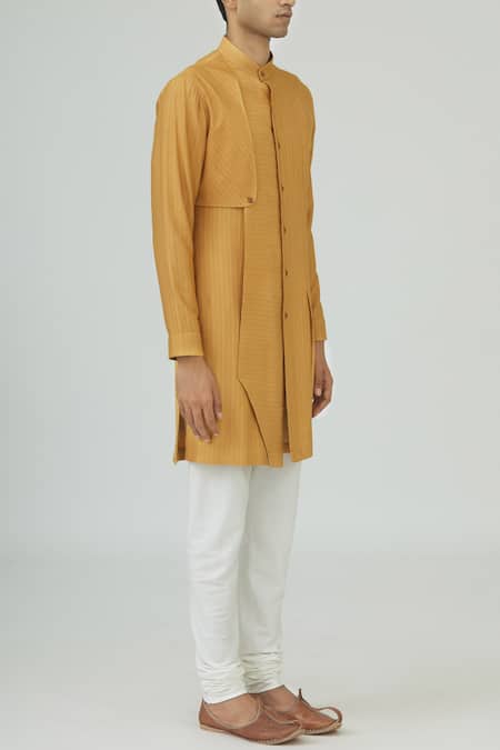 Dhruv Vaish_Yellow Spun Silk, Terry Cotton Textured Kurta Set_Online_at_Aza_Fashions