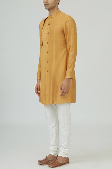 Buy_Dhruv Vaish_Yellow Spun Silk, Terry Cotton Textured Kurta Set_Online_at_Aza_Fashions