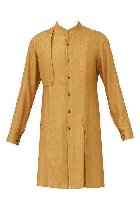 Shop_Dhruv Vaish_Yellow Spun Silk, Terry Cotton Textured Kurta Set_Online_at_Aza_Fashions