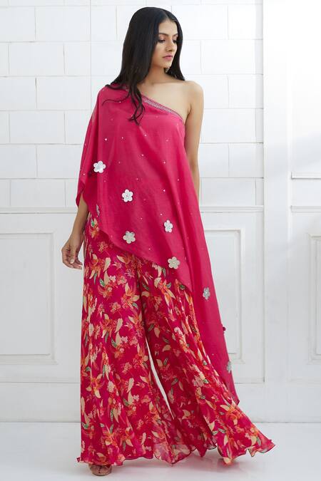 Mandira Wirk - Indian_Pink Chiffon, Cotton Silk Embellished Tunic Palazzo Set_Online_at_Aza_Fashions