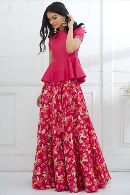 Mandira Wirk_Pink Chanderi Lehenga Set_Online_at_Aza_Fashions