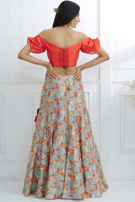 Shop Mandira Wirk - Indian Grey Chanderi Wide Neckline Lehenga Set at Aza Fashions Shop_Mandira Wirk - Indian_Grey Chanderi Wide Neckline Lehenga Set _at_Aza_Fashions