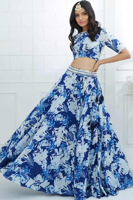 Mandira Wirk - Indian Blue Chanderi Round Lehenga Set 