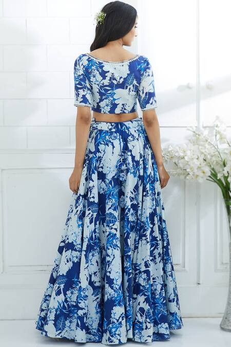 Shop Mandira Wirk - Indian Blue Chanderi Round Lehenga Set at Aza Fashions Shop_Mandira Wirk - Indian_Blue Chanderi Round Lehenga Set _at_Aza_Fashions