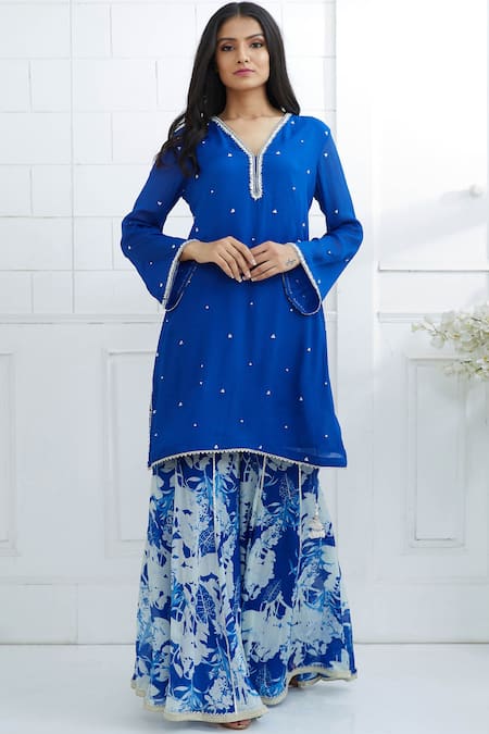 Mandira Wirk - Indian Blue Chiffon V Neck Embroidered Kurta Sharara Set 